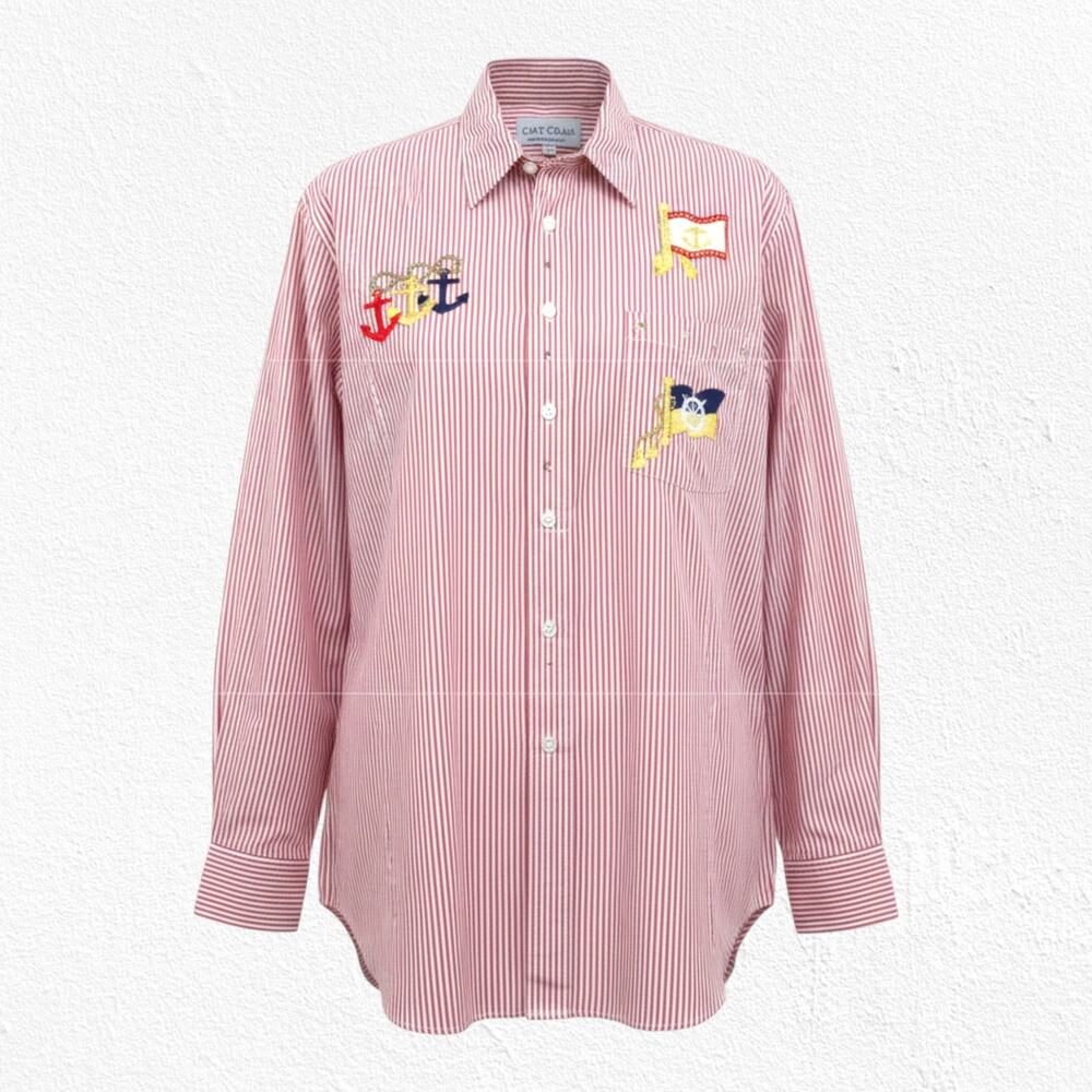 Y2K Las Olas Red Striped Nautical Embroidered Button Down Shirt Size Medium